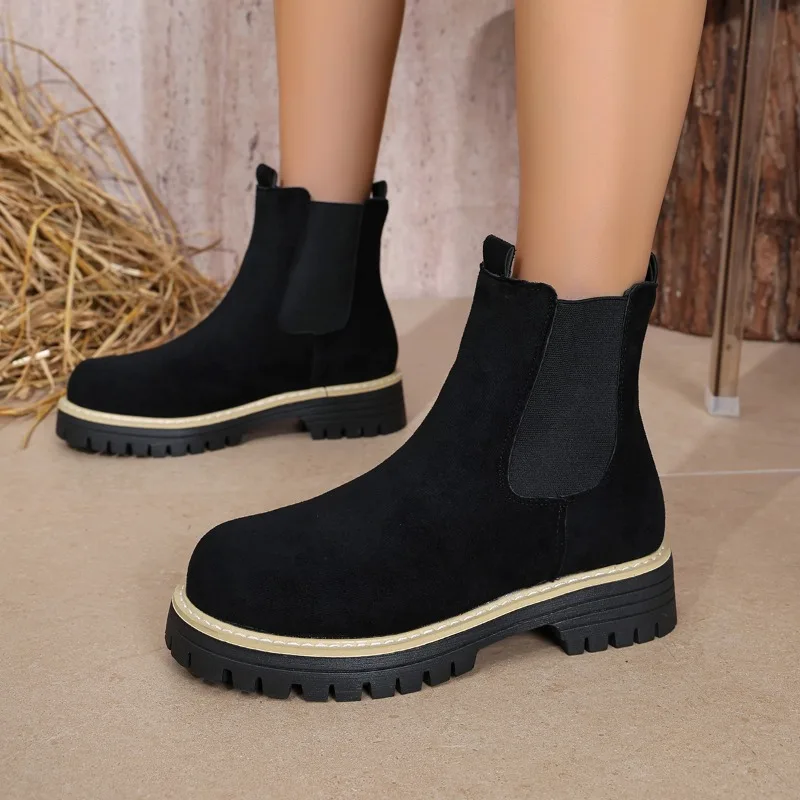 Botines Chelsea de tacón ancho para mujer, de ante, con elástico, fáciles de poner, cálidos, informales, estilo urbano, ¡Gran oferta!
