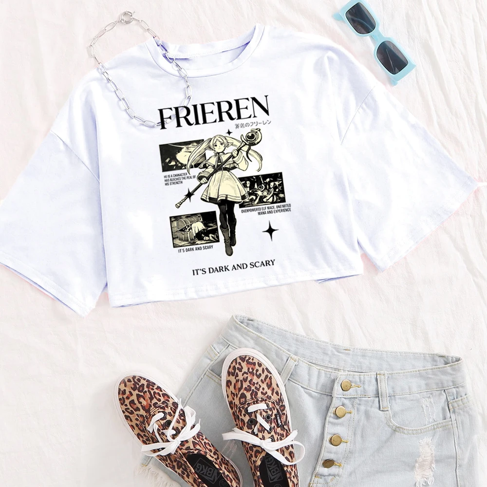 Hot Anime Frieren Shirt Women O-Neck Short Sleeves Crop Tops T-shirt