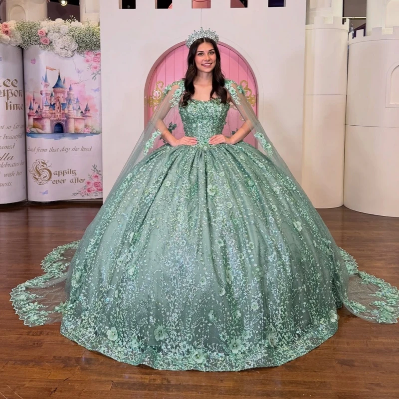 

Green Shiny Ball Gown Quinceanera Dresses Applique Flower Beading Crystal With Cape Tiered Tull Corset Off The Shoulder Sweet 16