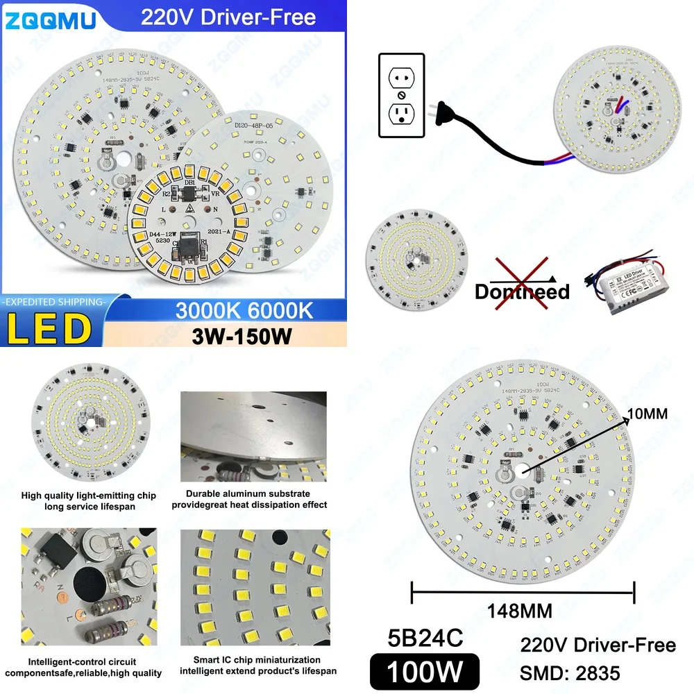 LED Chip 3W to 150W High Power AC 220V 240V Driver Free LED Bulb Spotlight PCB Light Source Board for Home Lighting Upgrade