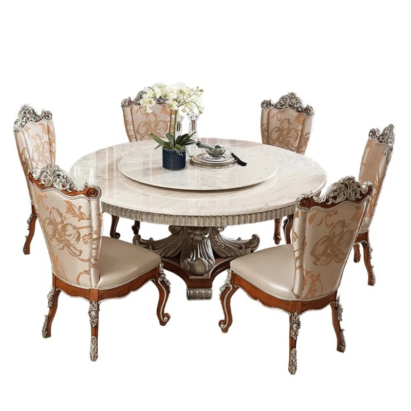 

Villa marble solid wood carving flower belt turntable round dining table and chair combination