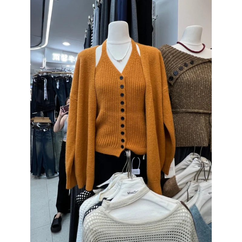 New Autumn Sweater Jacket Women's Knitted Halter Vest Lazy Wind Relaxation Two-piece Set