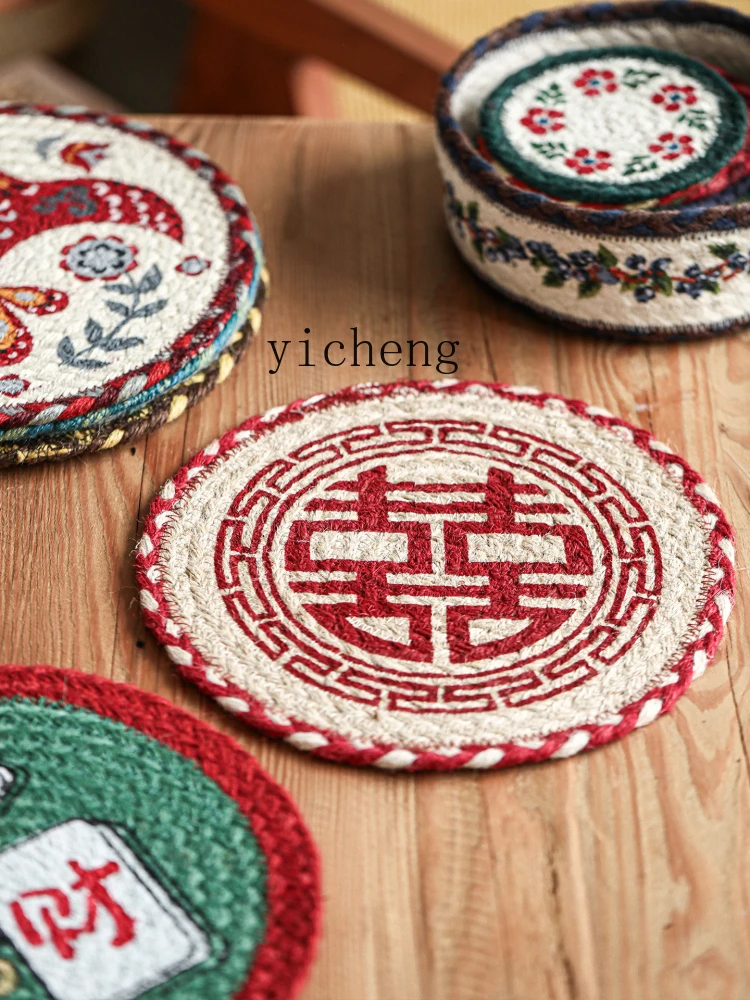 

ZYA Kitchen Dining Table Heat Insulation Mat Handmade Woven Round Plate Vintage Country Style Anti-scald Table Mat