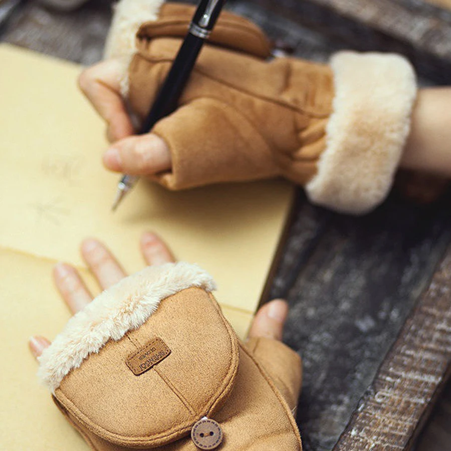 Зимние женские перчатки без пальцев, теплые толстые перчатки с сенсорным экраном, студенческий дизайн с половиной пальца