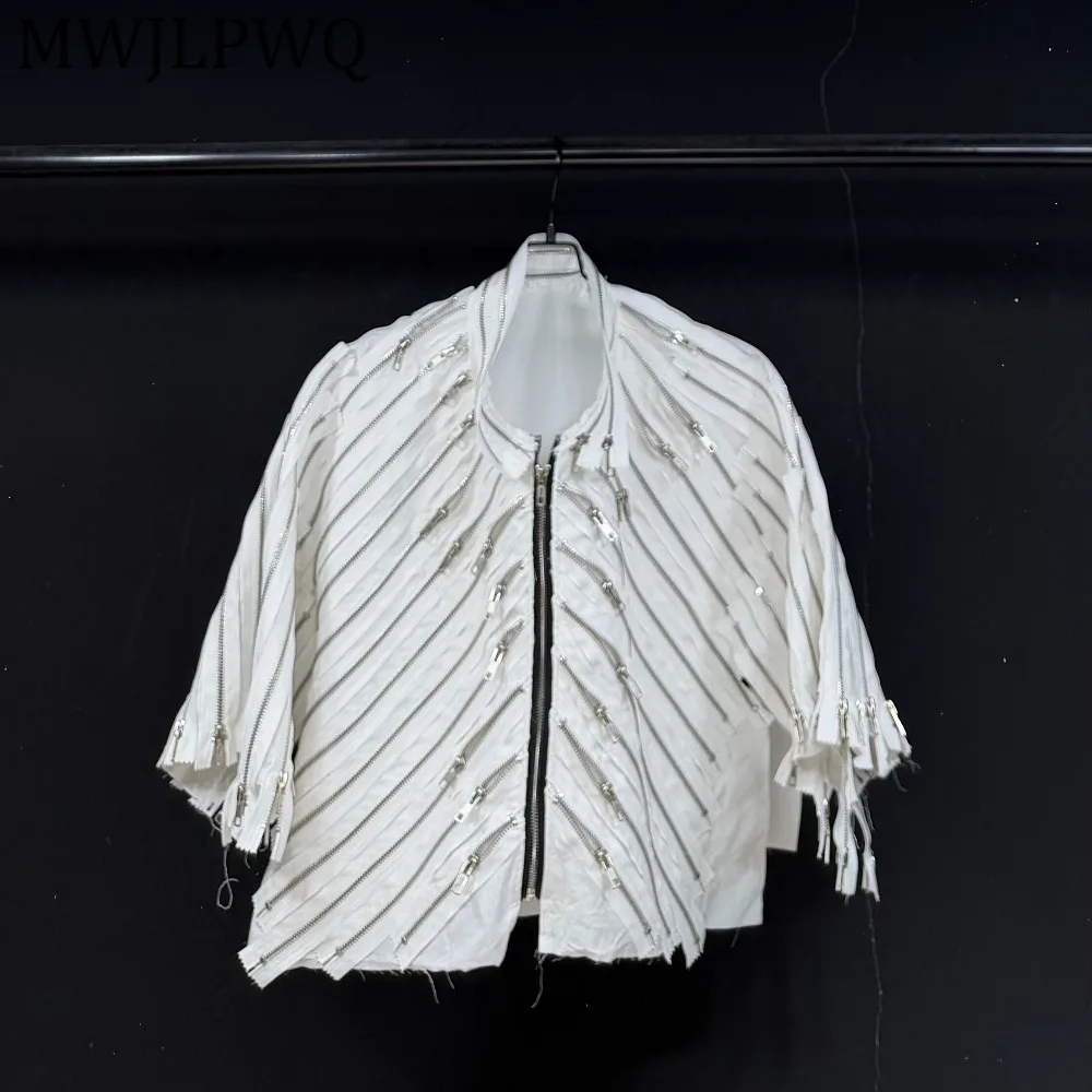 

MWJLPWQ Striped Full Zipper Decorative Design Men's Shirt Streetwear Stand-Up Collar Trendy Short-Sleeve Short Summer Tops 14742