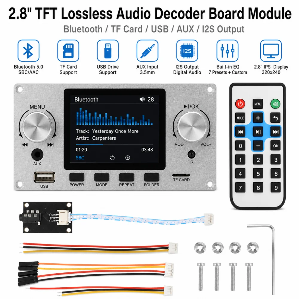 2.8-inch TFT Color Screen Lossless Audio Decoding Board Module, DC5–12V, Dual-Channel, Supports I2S Digital Audio Output Player