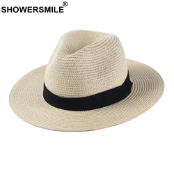 SHOWERSMILE Panama Hat Men Classic Straw Jazz Hat Women Beige Outdoor Casual Hawaiian Ribbon Sun Protection Summer Hat Unisex