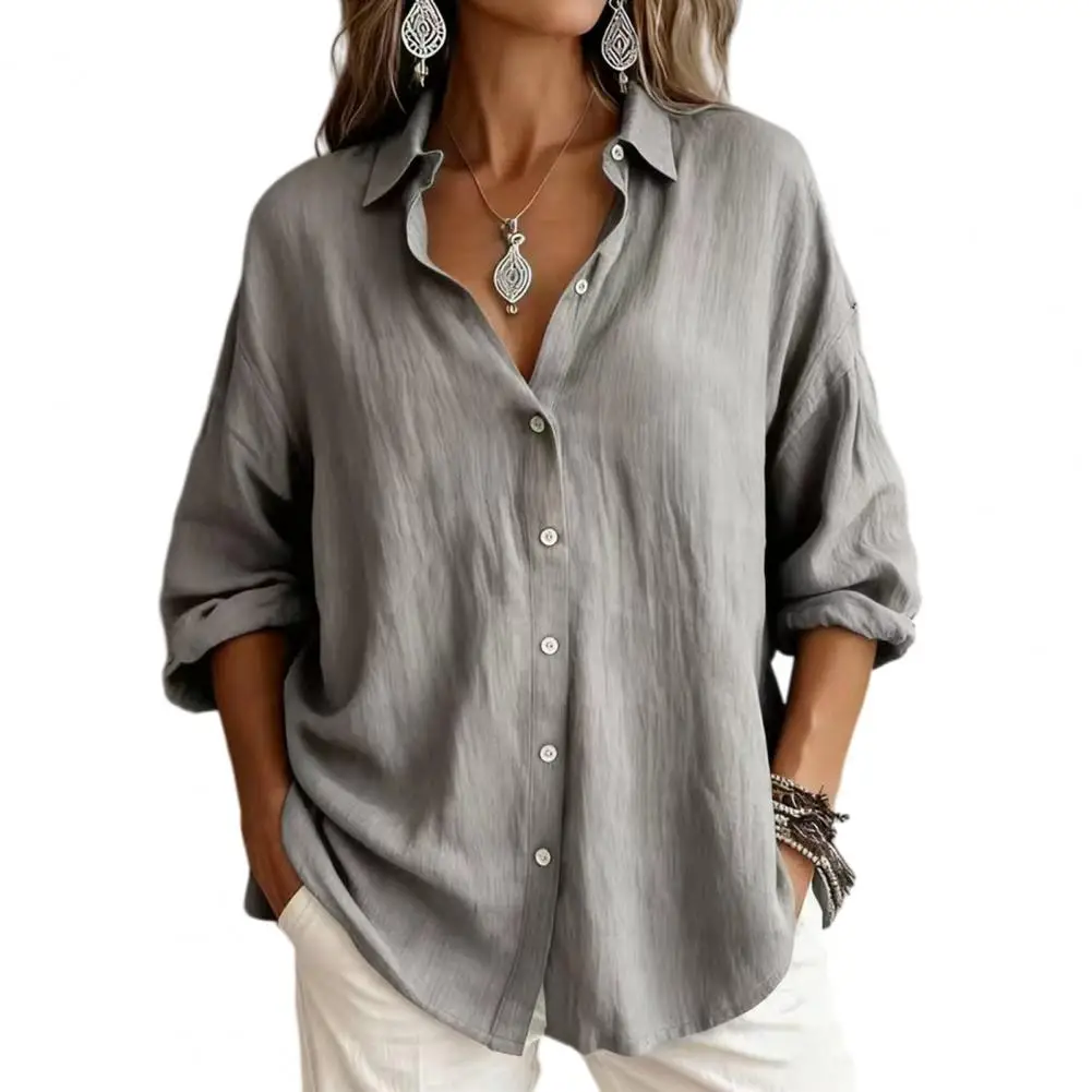 

Women Shirt Soft Fabric Loose Fit Roll-Up Cuffs Shirt Tops Lapel Buttons Down Mid-length Shirt Spring Summer Casual Wear