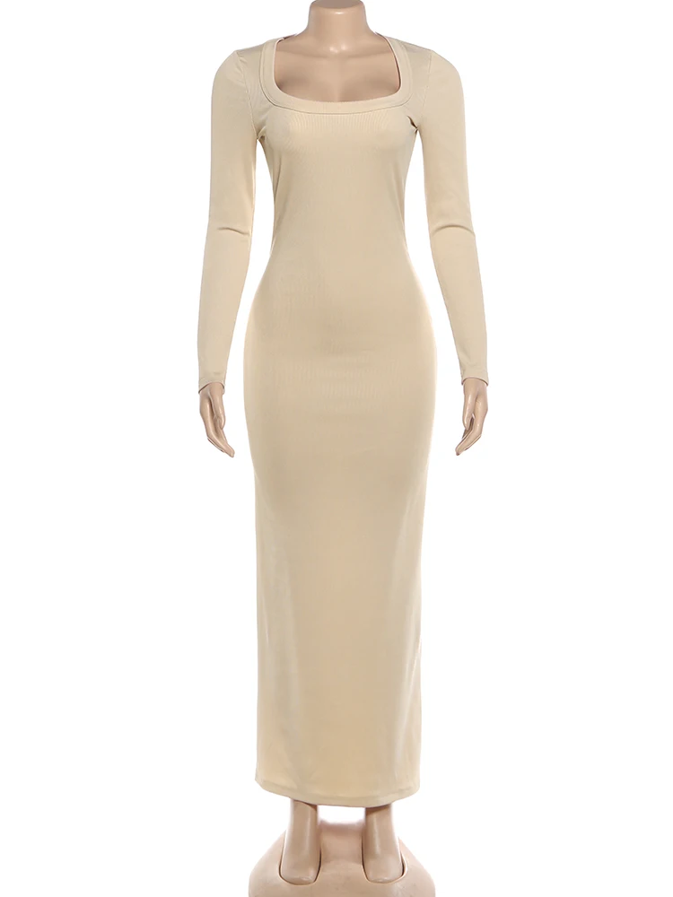 فستان Kliou كاجوال أنيق طويل للنساء بياقة مربعة وأكمام طويلة نحيل قابل للتمدد يوميًا وبسيط وأنيق فساتين كلاسيكية