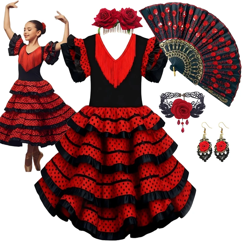 Robe de flamenco espagnole pour filles, rouge à pois, style gâteau, pour enfants, carnaval, Halloween, spectacle, cosplay, festival, costume de danse