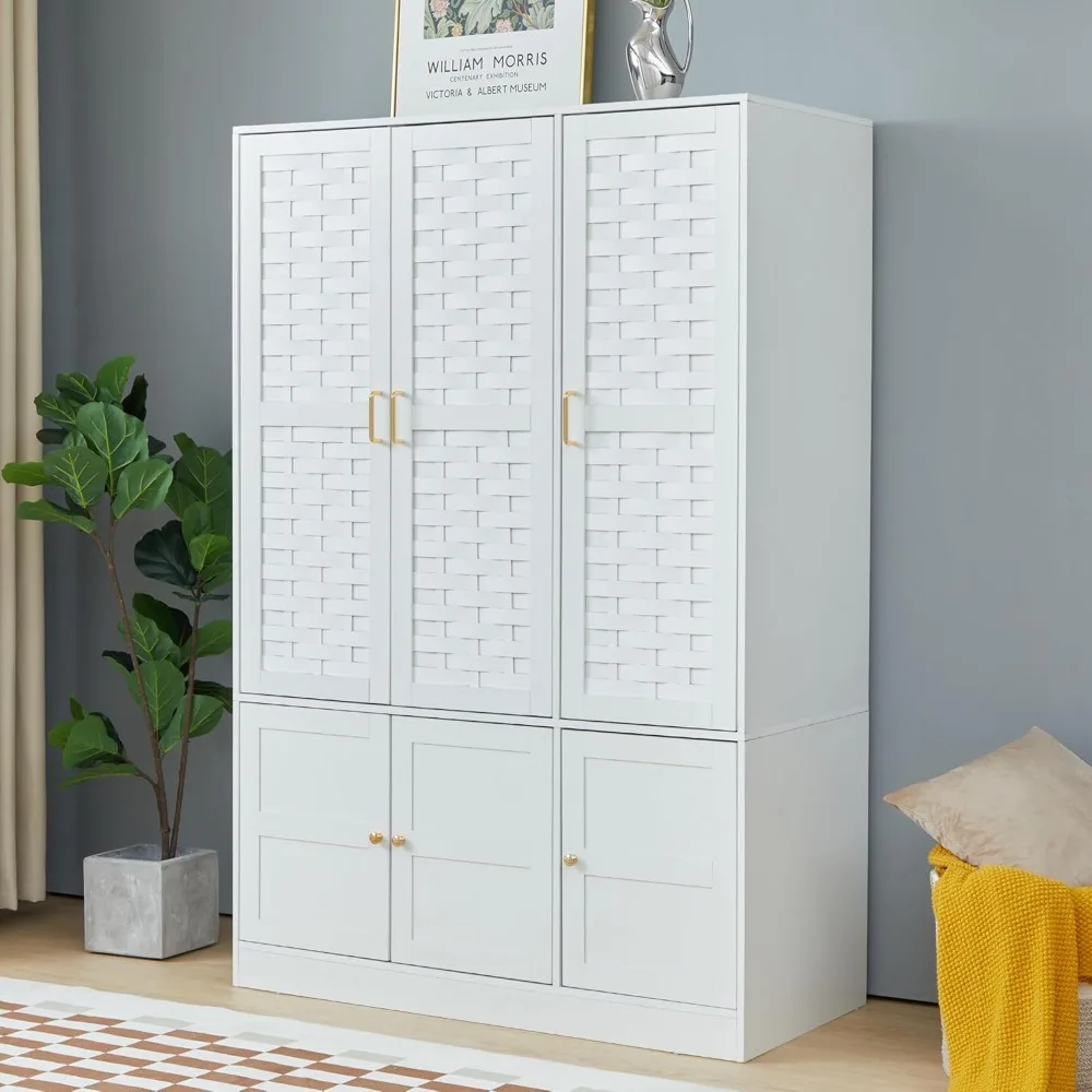 Wardrobe Closet with 6 Woven Doors, White Armoire Wardrobe Cabinet for High Storage Capacity with Adjustable Shelves