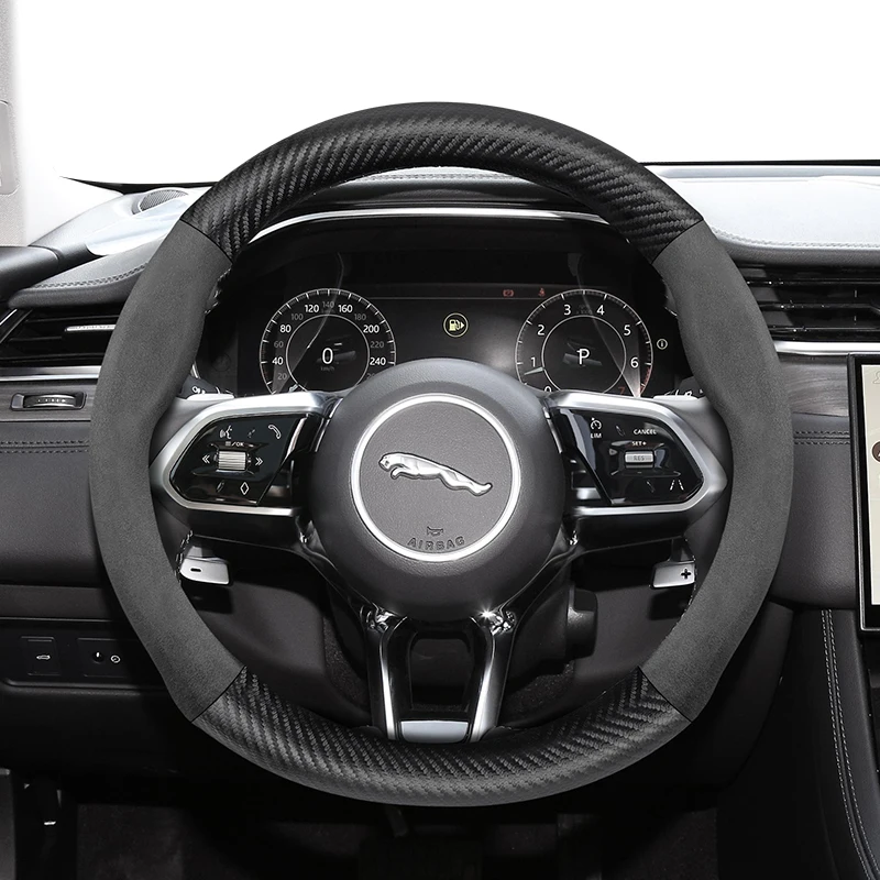 

Замшевый чехол на руль из углеродного волокна для JAGUAR, подходит для XF XE F-PACE E-PACE I-PACE X250 F-TYPE XJ X S-Type, автомобильные аксессуары