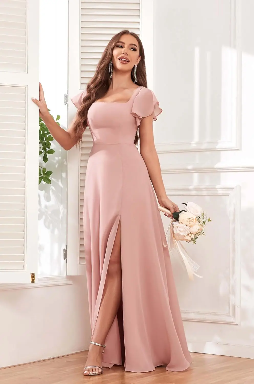 Vestidos de dama de honor de manga corta para boda, cintura imperio, línea A, vestidos formales largos de gasa con hendidura