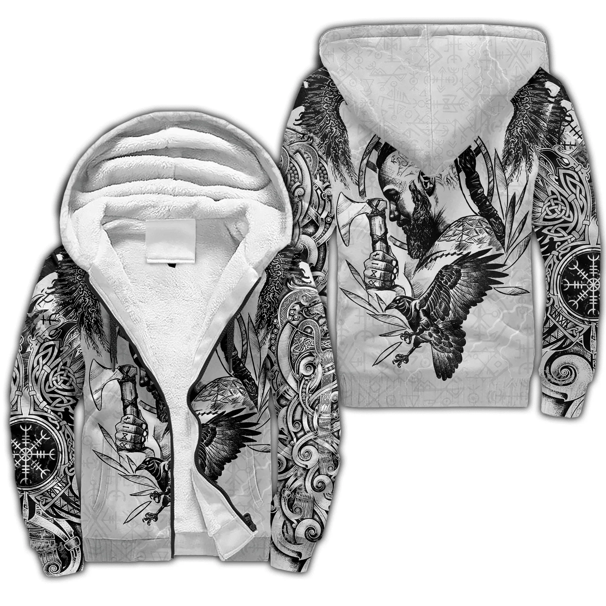 

Men's Winter Zipper Coat Mjolnir Odin Raven Tattoo 3D Print Thickened Zipper Hoodie Unisex Casual Hooded Warm Wool Jacket