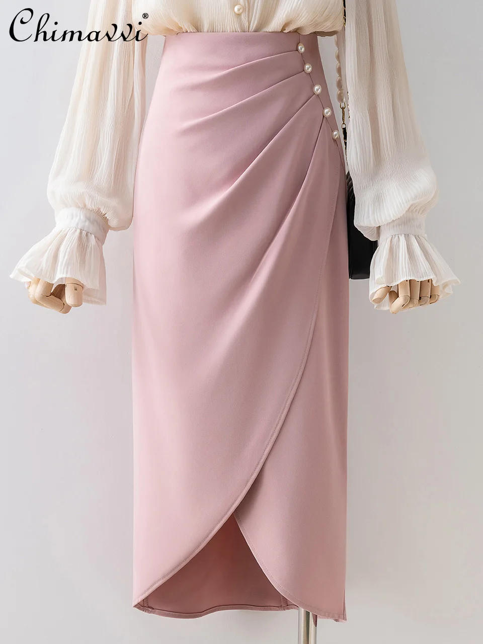 French Elegant Commuter Fashion Pink Pleated Pearl Beaded High Waist Sexy Split Office Lady Sheath Long Skirt Women Summer 2024