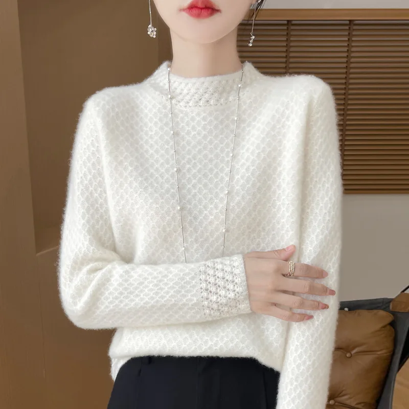 가을 겨울 세미 터틀넥 100% 울 스웨터 여성용 두꺼운 허니콤 자카드 솔리드 루즈 다용도 패션 니트 스웨터