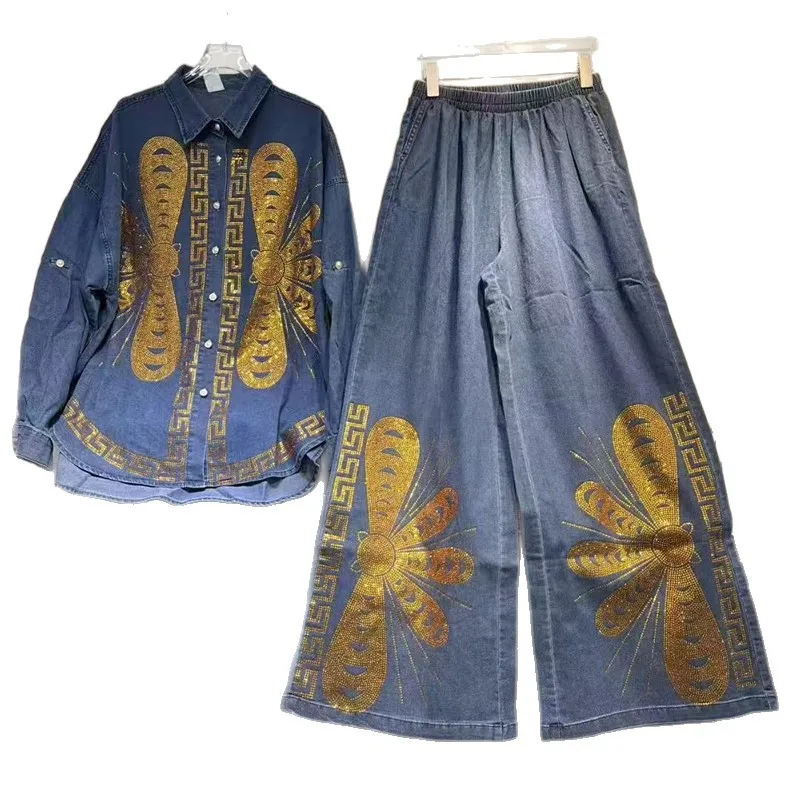Fashionable Female Denim Pants Spring Autumn Gold Hot Diamonds Loose Long Sleeve Shirts + Elastic Waist Casual Straight Jeans