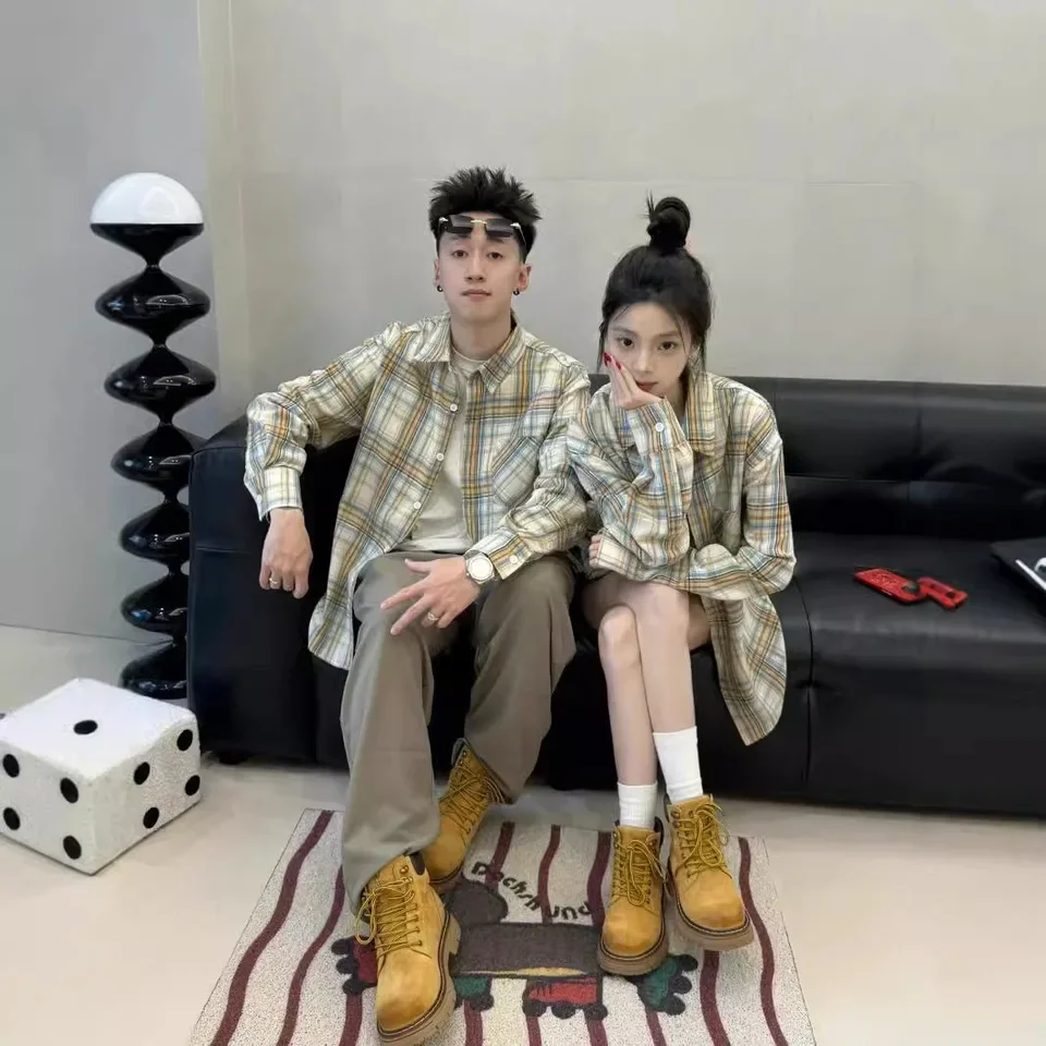 Couple Shirt Yellow Plaid Men's And Women's American Retro Autumn New Sunscreen Shirt