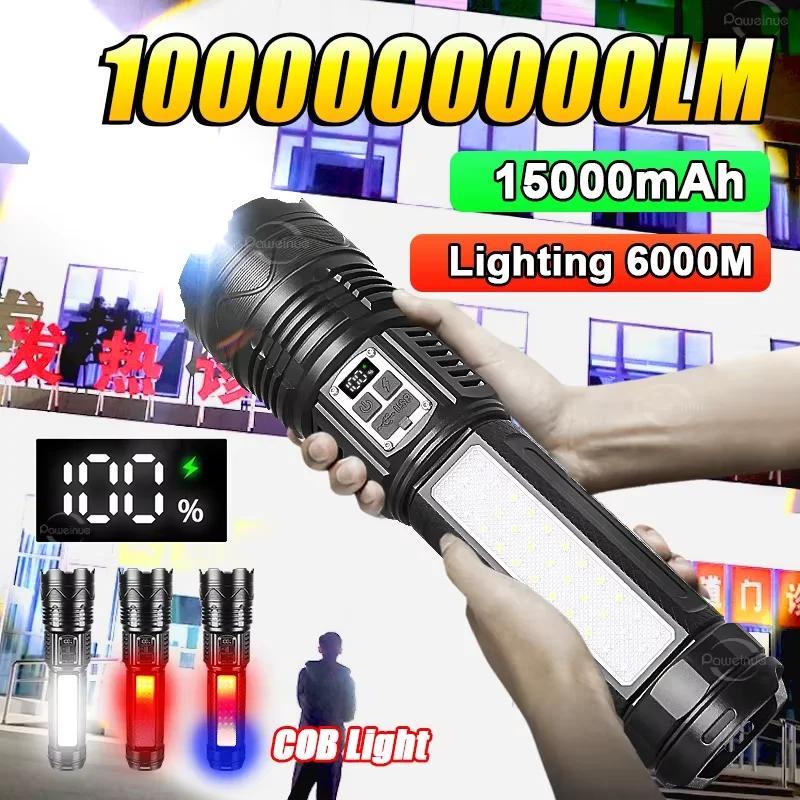 

1000000LM Most Powerful LED Flashlight Rechargeable Type-c Flashlight Long Range 6000M Tactical Torch Light For Fishing Hunting