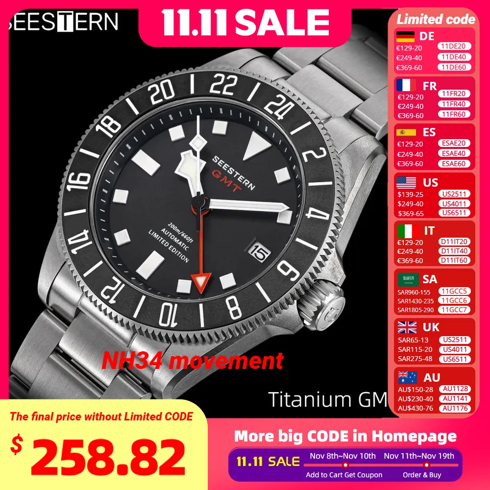 SEESTERN Diver Man นาฬิกาไทเทเนียมอัตโนมัติ GMT นาฬิกาข้อมือ NH34 การเคลื่อนไหว Sapphire คริสตัล 20ATM กันน้ํา Lume S462