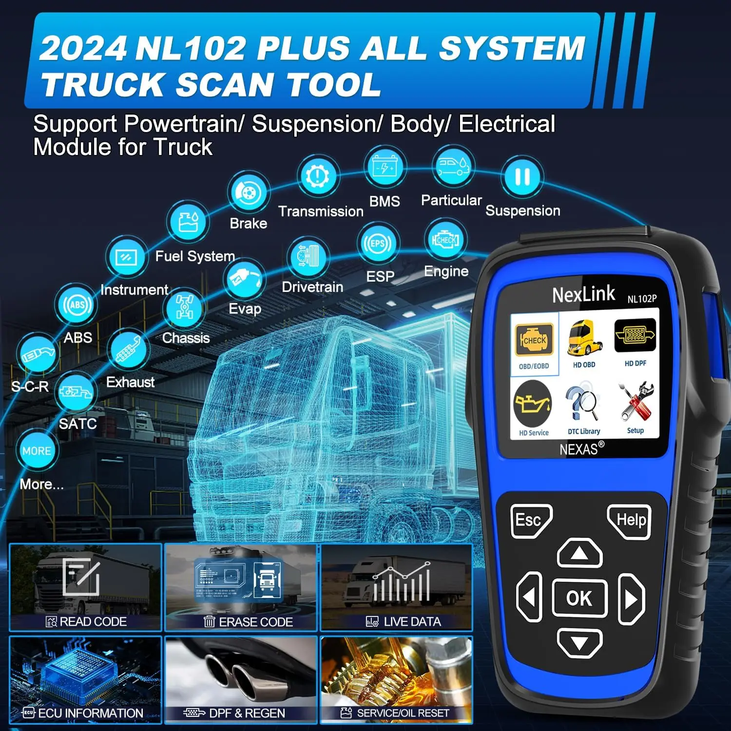 NEXAS NL102 플러스 풀 시스템 헤비 듀티 트럭 스캔 도구, 포스 DPF 리젠 도구, HDOBD, EOBD 진단 스캐너, 오일 리셋