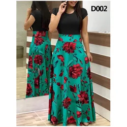 Womens Round Neck Flower Print Color Blocking Short Sleeved Dress Lady Elegant Splicing Big Swing Party Maxi Dresses 2024 Summer