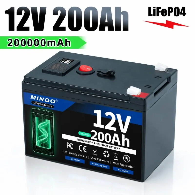 12V 200Ah LiFePO4 Solar Battery Deep Cycle Rechargeable Built-in BMS Lithium 200000mAh for Power Wheels Scooters Fish Finder