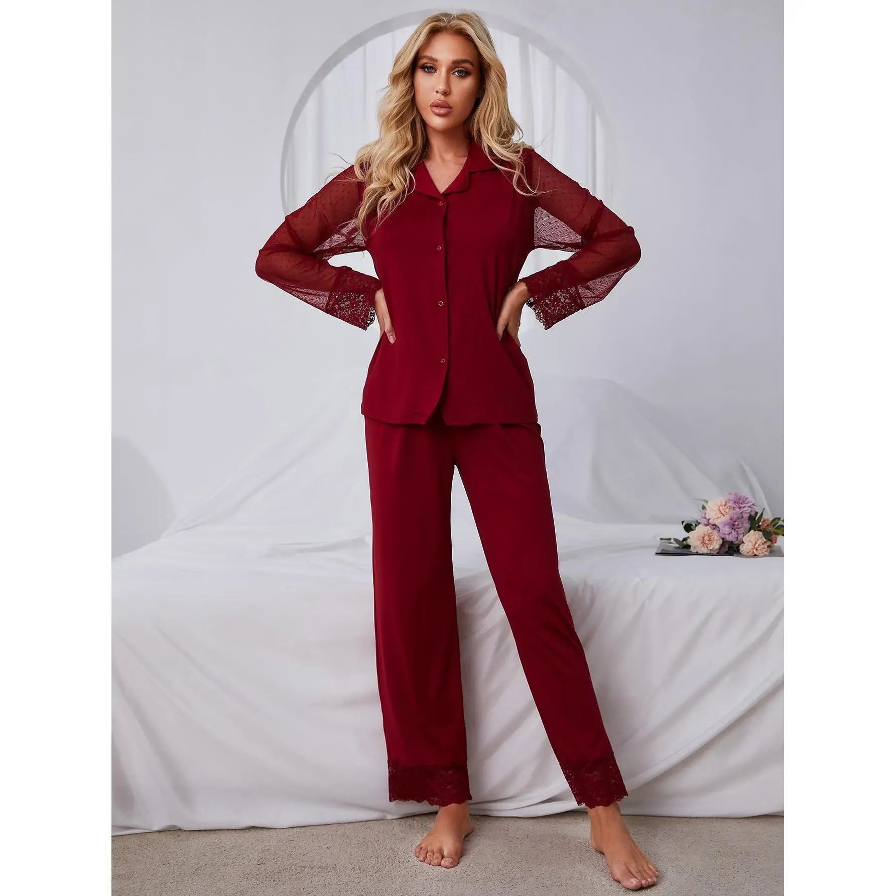 Autumn Pure Color Lace Patchwork Mesh Sexy Long Sleeve Long Pants Pajamas Set 2PCS Sets Sleepwear Nightwear Home Clothes XL