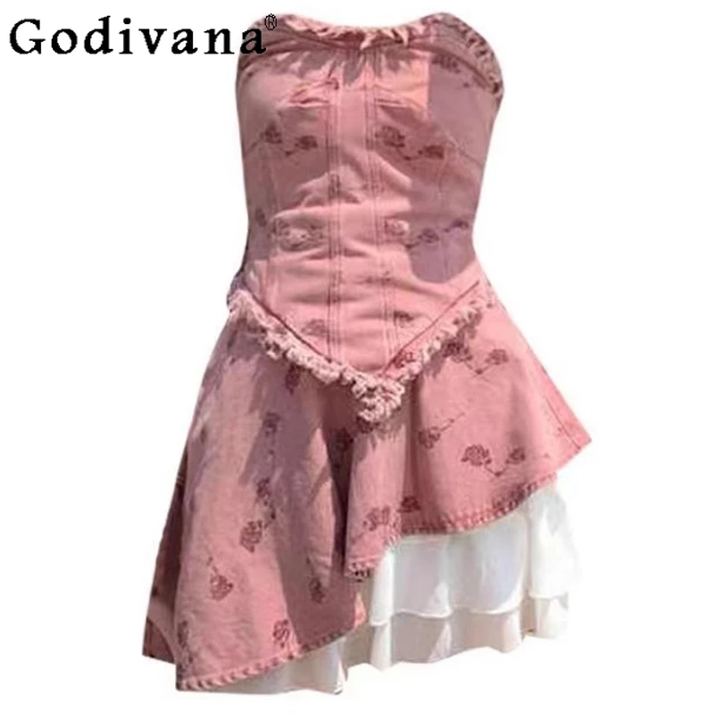 

Cool Sweet Girl Pink Irregular Denim Strapless Age-reducing Dress Summer New Chic Cute Rose Embroidery Sleeveless Short Dresses