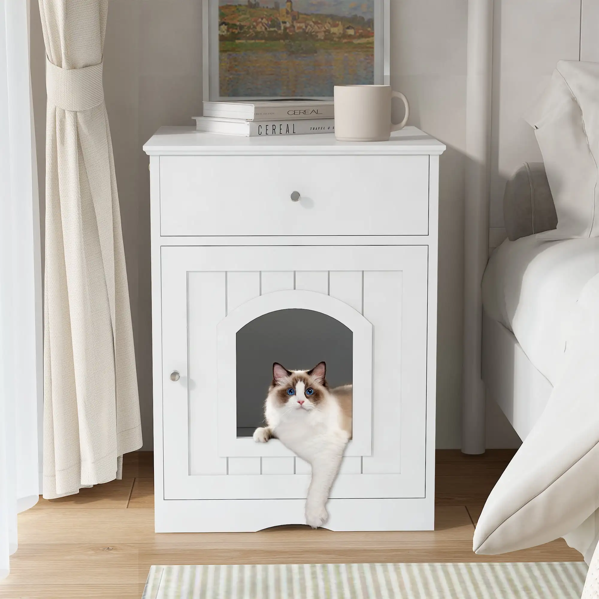 

Wooden Side Table Pet House Cat Litter Box Enclosure with Drawer, Modern Indoor Cat Home Nightstand, White