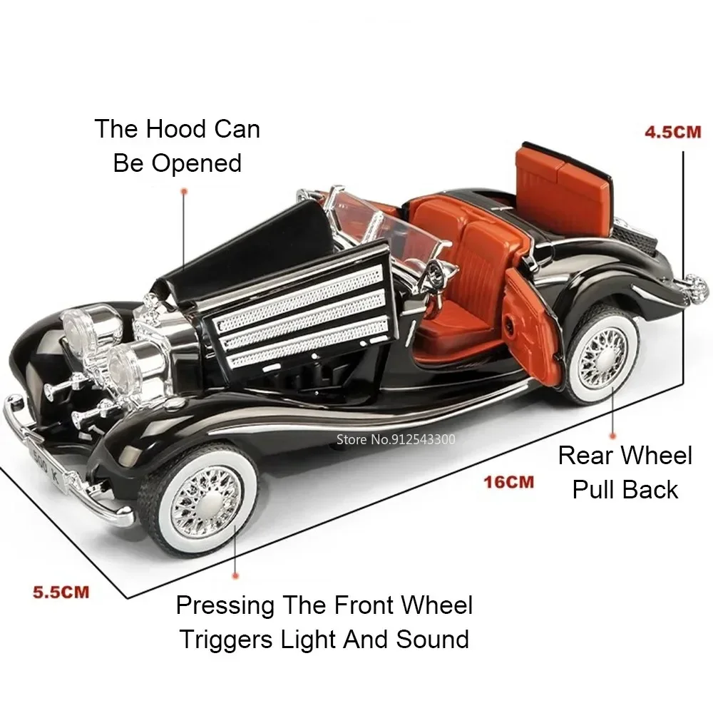 1:32 300SL 500k Vintage Car Model Toy Doors Opened Metal Diecasting Vehicle Sound Light Models Collection Gifts for Children
