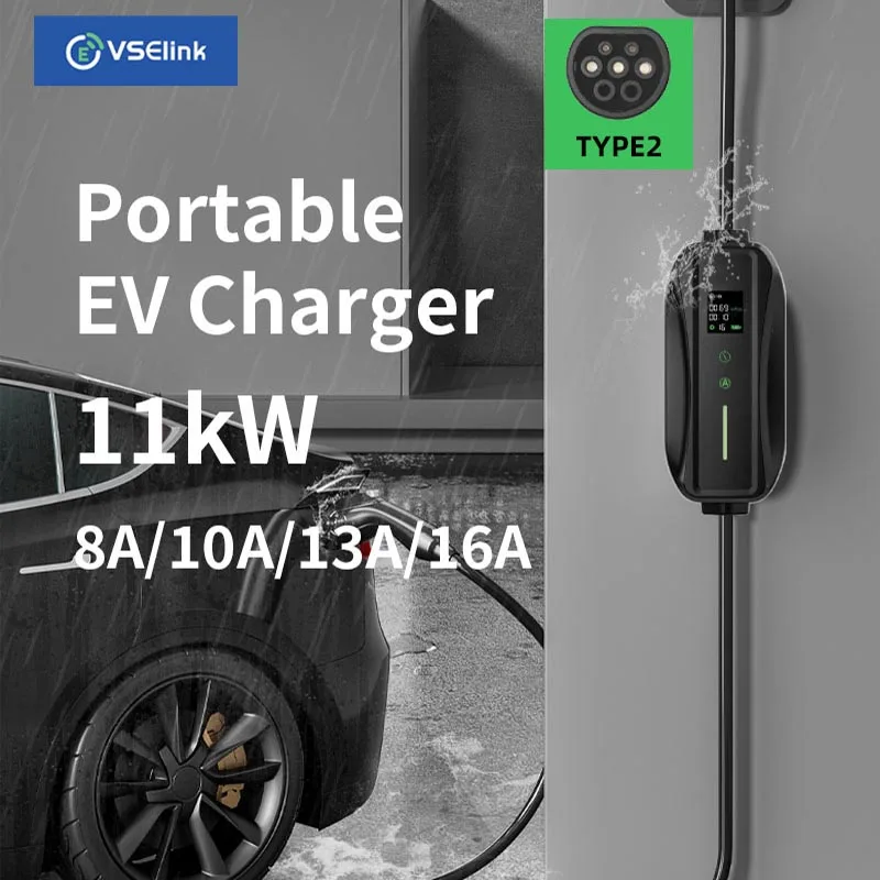 EVSELink 6/8/10/13/16A 11KW 3Phase Portable Eletric Vehicle Charger Type 2 7kW 22kW 32A Select Charging Time With 5M Cable