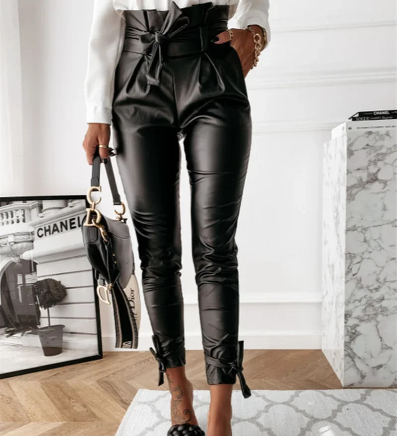 

Women's Pants Zipper Women's Fashion Casual PU Leather Pants (including Belt) High Waist Streetwear Aesthetic Trousers Women