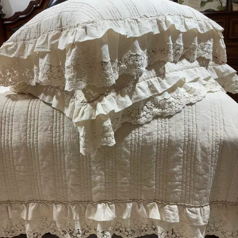 High-End Soft Cotton Linen Bedspread Set 3Pcs, Solid Color Quilt with Lace, All-Season Lightweight Bedding Cover for Bedroom
