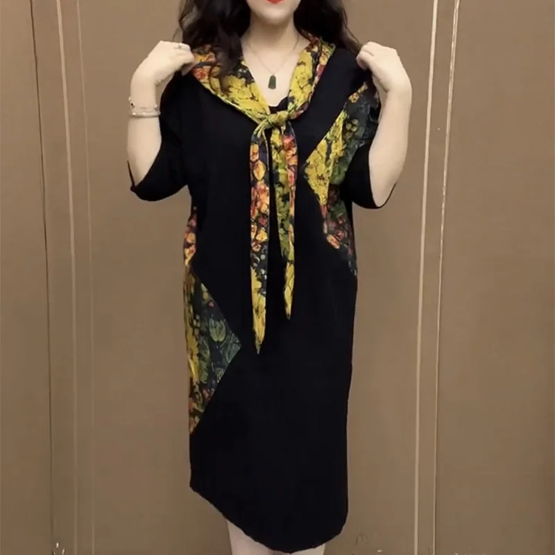 Casual Floral Patchwork Dresses Spring Summer 3/4 Sleeve Women\'s Clothing Scarf Collar Drawstring Loose A-Line Waist Midi Dress