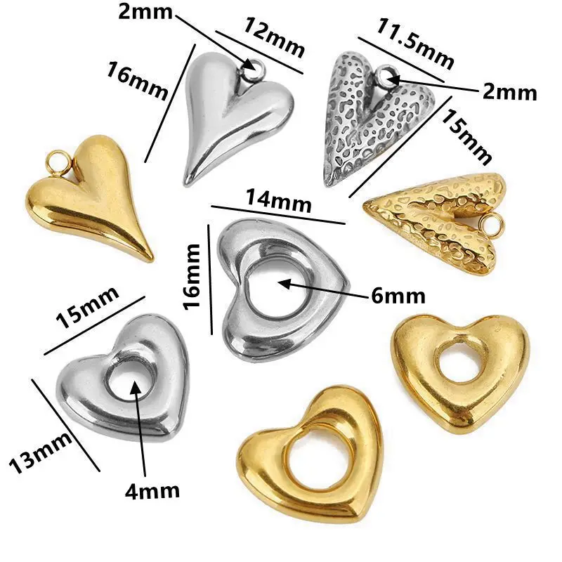 5pcs Stainless Steel Big Hole Love Heart Charms Pendants for Women Earrings Necklace Bracelets Jewelry Making Supplies Findings