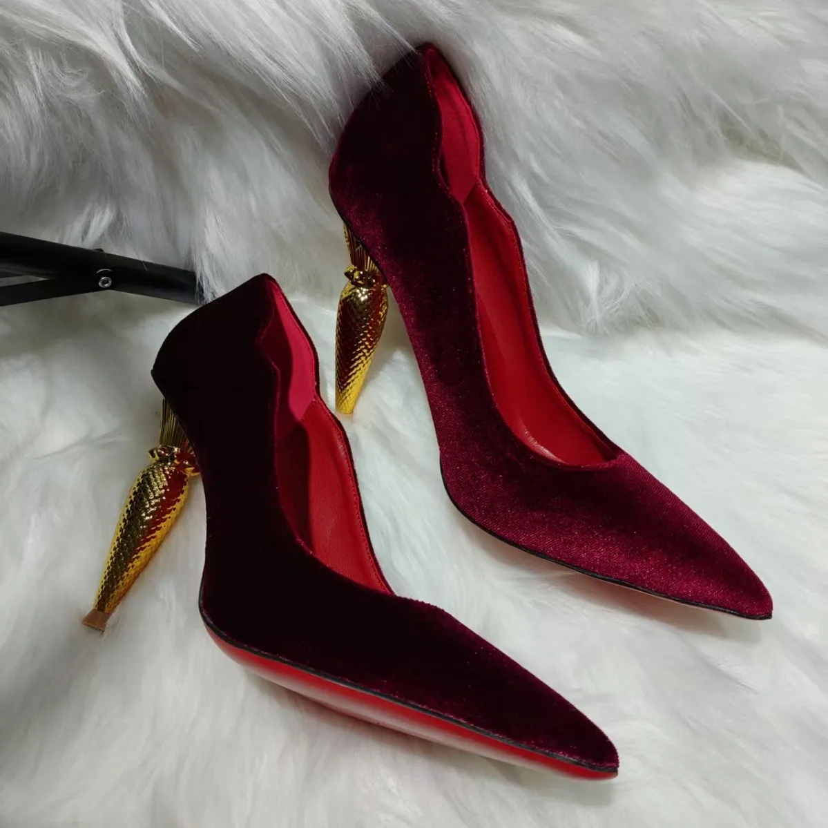 

Pointed Toe Red Solid Color High Heeled Shoes Women 10cm Metal Strange Heel Slip On Red Sole Zapatos Para Elegant Wedding Party