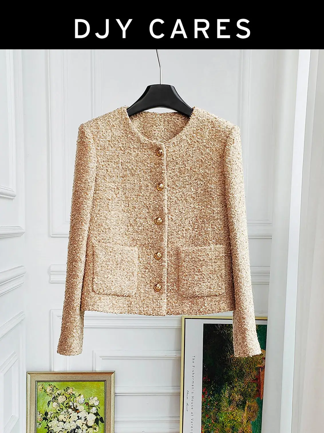 

New Coarse tweed brown wool woven short jacket versatile top big size