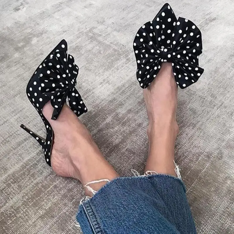 

Black Pointed Toe Stiletto Shoes Polka Dots Big Bow Knot High Heel Prom Shoes Stiletto Party Dress Pumps