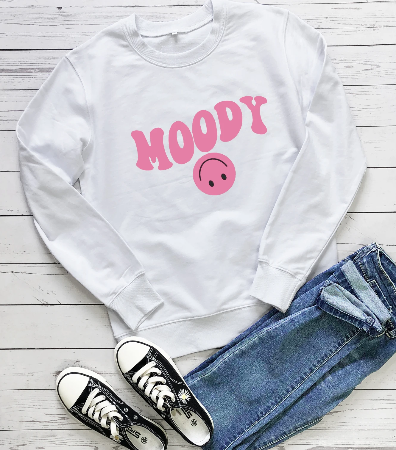 Moody Smiley Sweatshirt Happy Face Pullovers Preppy Clothes Wavy Smile Sweats Women Casual Cotton Vintage Top