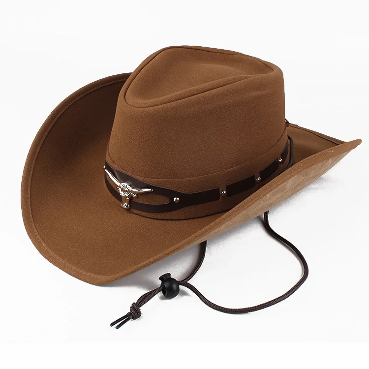 High Quality Leather Western Cowboy Hat Fashion Bull Head Decoration Gentleman Lady Cowgirl Jazz Caps Sombrero Hombre