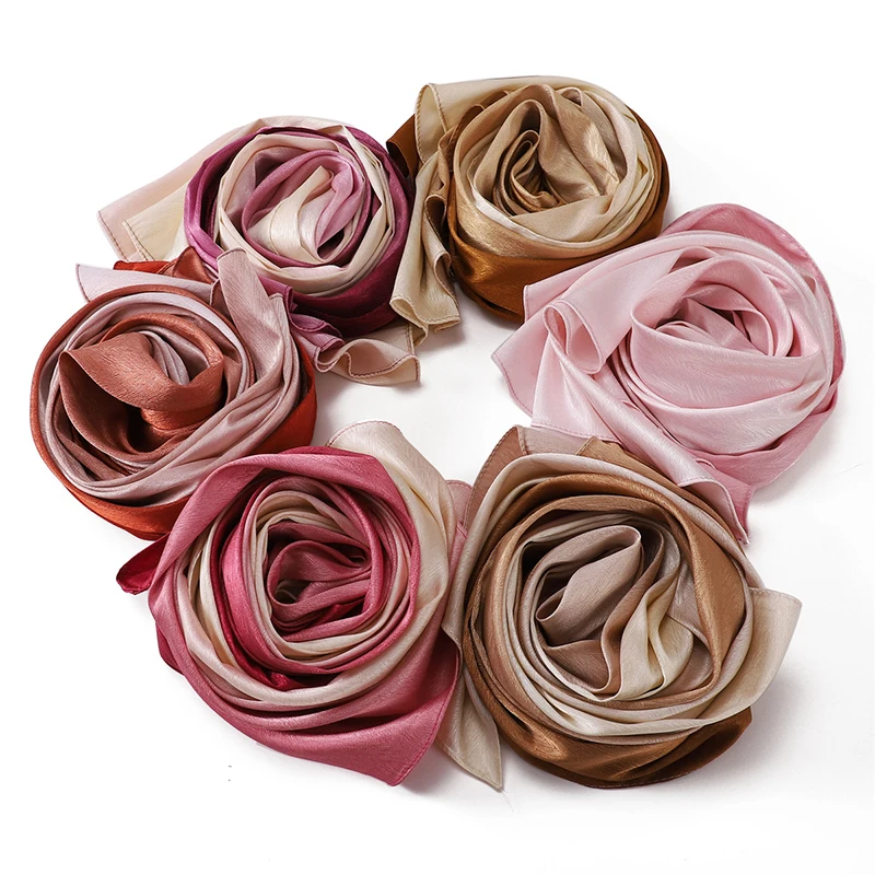 Design Fashion Gradient Color Classic Shiny Silk Scarf Women's Soft Headscarf Solid Color Shawl Headscarf Muslim Scarf