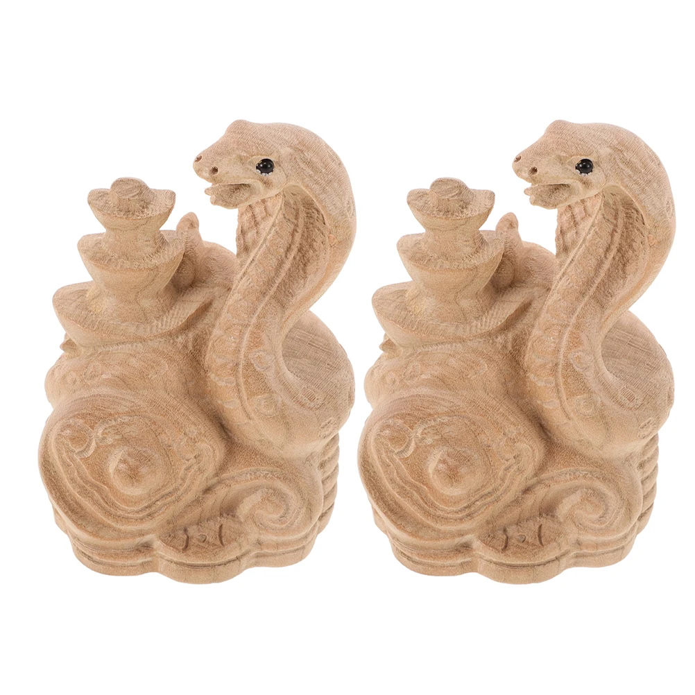 

2 Pcs Carvings Decor Cartoon Figurines Chinese Zodiac Home Mini Snake Statue Sculptures