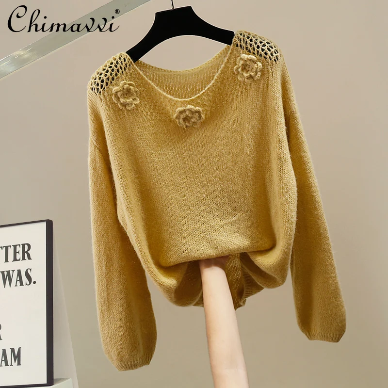 

New Autumn Winter New Fashion Heavy 3D Flower Decoration Sexy Sweater Heavy Long-sleeved Loose Elegant All-match Knitted Top