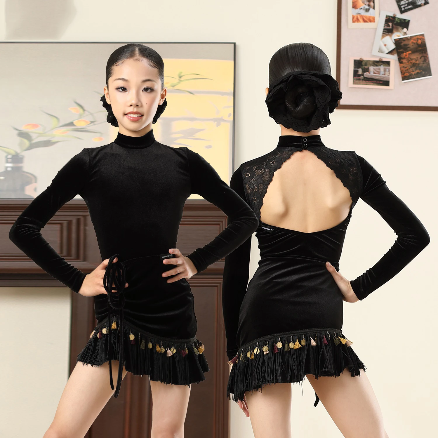 

Наряд для латинских танцев 2025 года для девочек, новый топ с высоким воротником и длинными рукавами и полуюбкой с кисточками, детская тренировочная одежда для латинских танцев XH3129