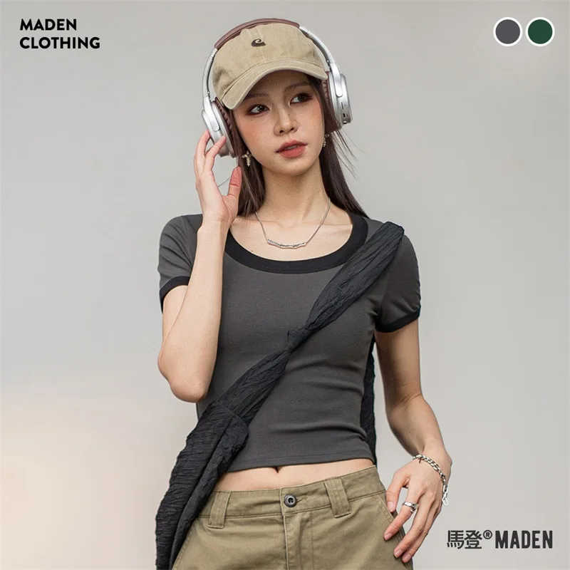 Maden Contrasting Color Slim O-Neck T-Shirt for Women Summer Short Top Gray Green Basic Short Sleeve Women Tees T Shirt