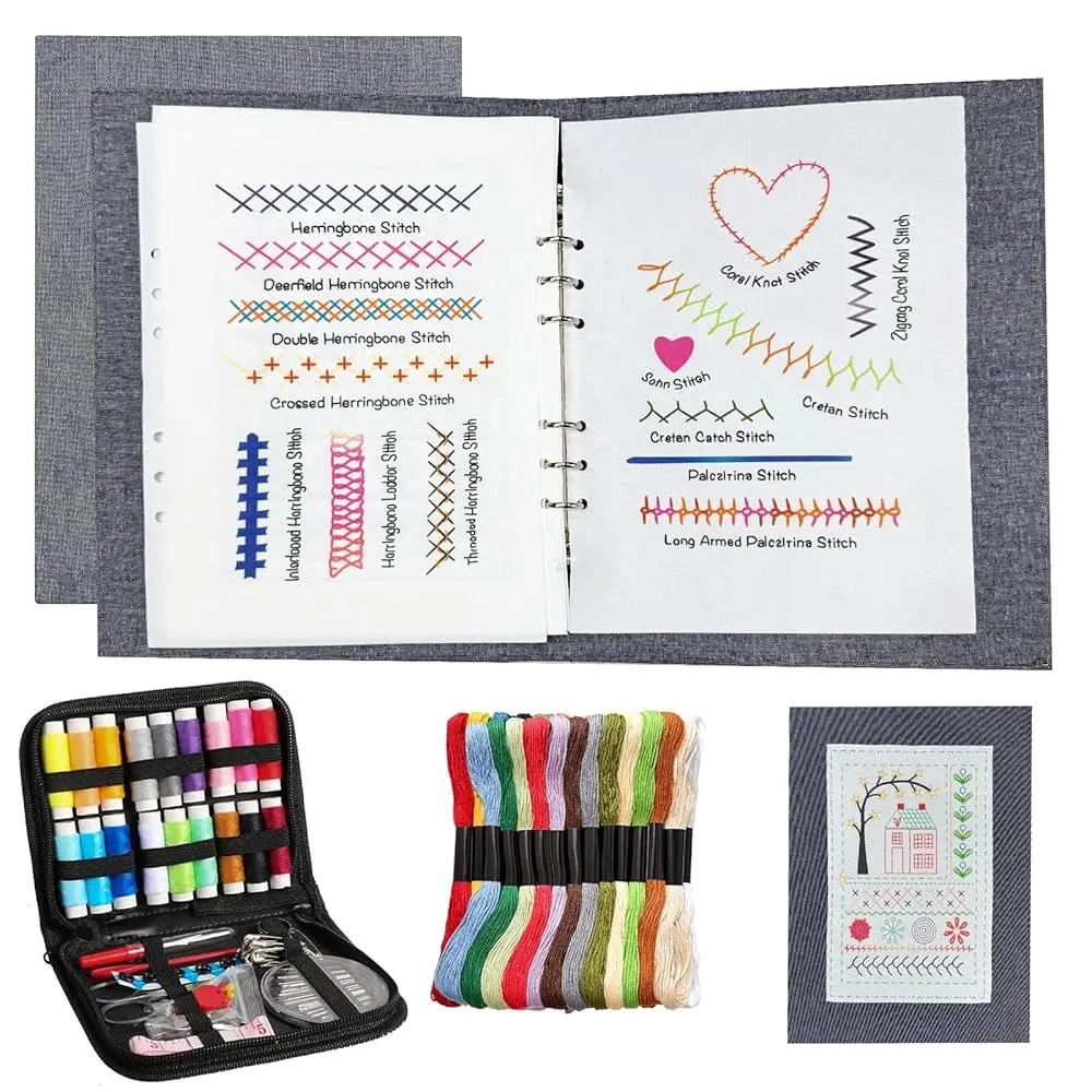 

2026 Upgraded Removable Stitch Book Kit with Extra Thick Threads, Needles Threader Thimble Sewing Tool, DIY Embroidery Stitc