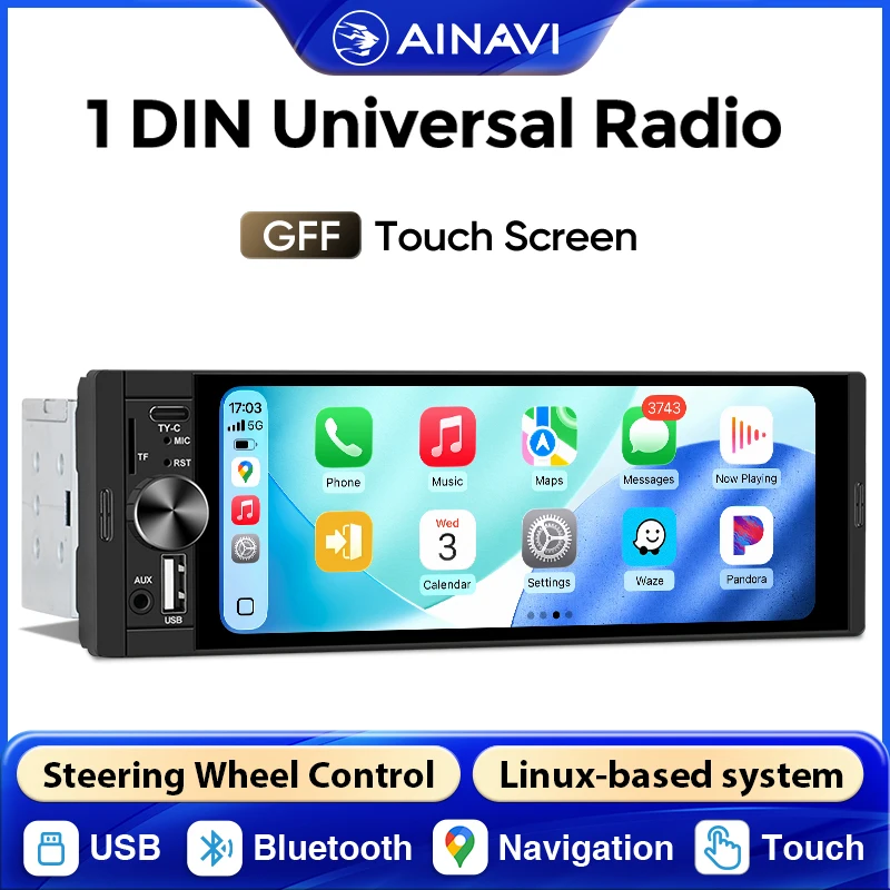 Autoradio AINAVI pour voiture, compatible universel avec CarPlay sans fil, Android Auto, Bluetooth, écran tactile IPS, lecteur multimédia vidéo, USB, FM, K50 1Din 6.36 pouces