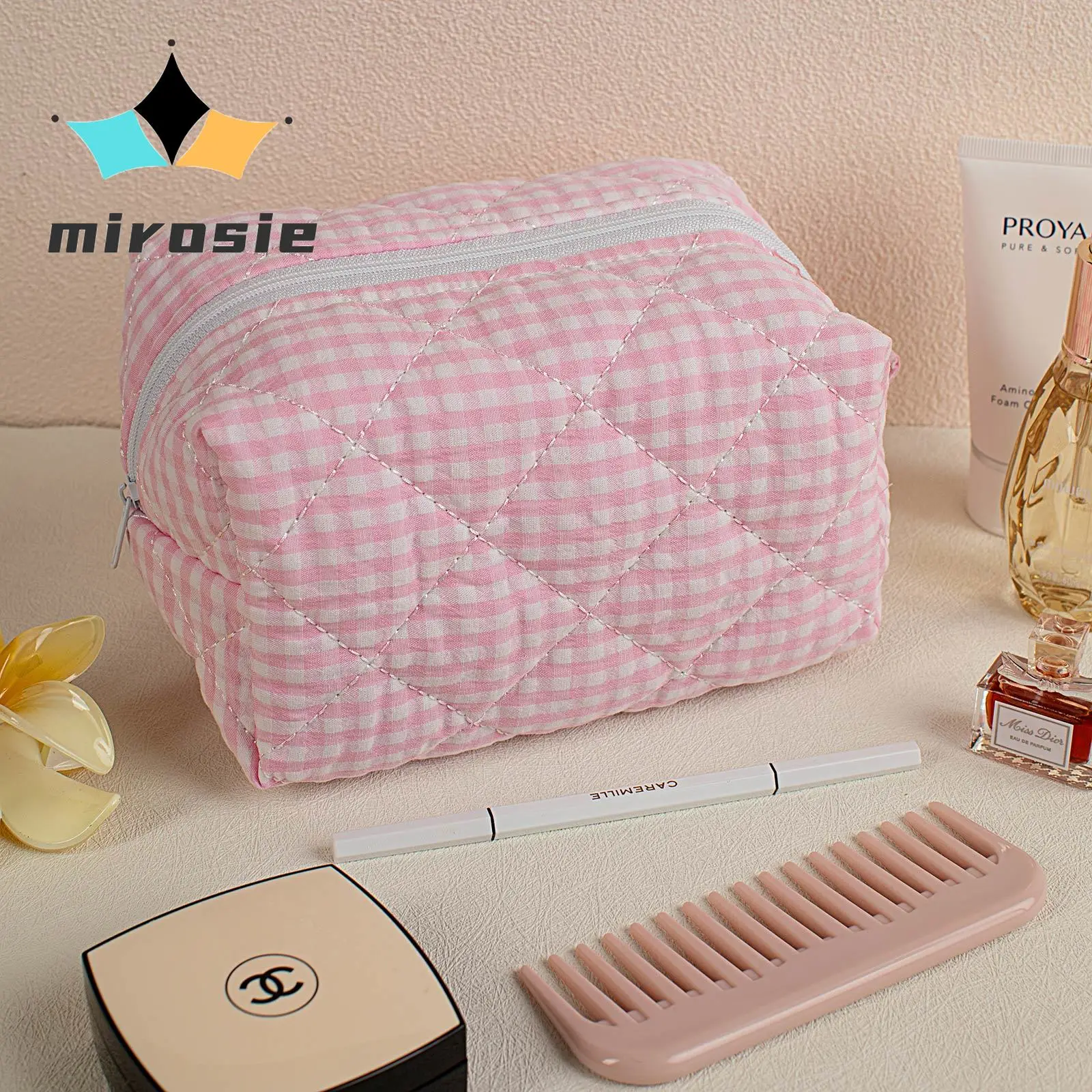 MIROSIE Fashion Checkered Floral Makeup Bag Large Capacity Portable Cosmetic Storage Bag Cotton Quilted Wash Bag Skincare Pouch