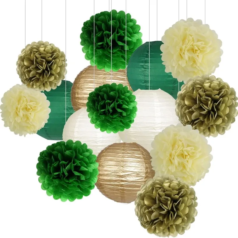 15 Stück salbeigrüne Seidenpapier-Pompons, rote Weihnachtsblumen, Geburtstag, Babyparty, wilder Safari-Dschungel, botanisches Grün – Detail 5